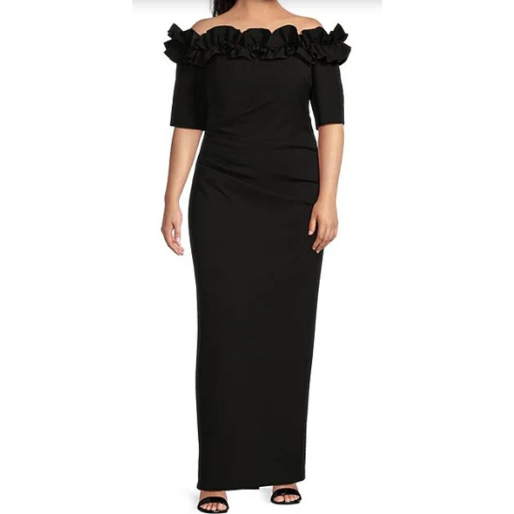 Xscape Women's Black Ruffled Off-The-Shoulder Crepe Sheath Gown Size 14 P